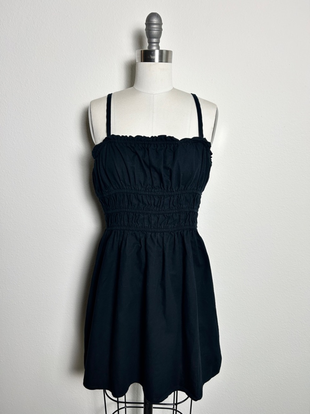 Spring Linen and Cotton Blend Smocked Black Mini Dress with Adjustable Straps M